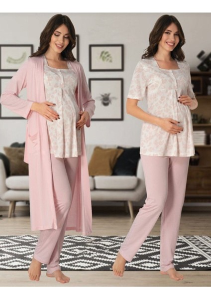 Kadın Pembe Lohusa Hamile Sabahlıklı Pijama Takımı 8014