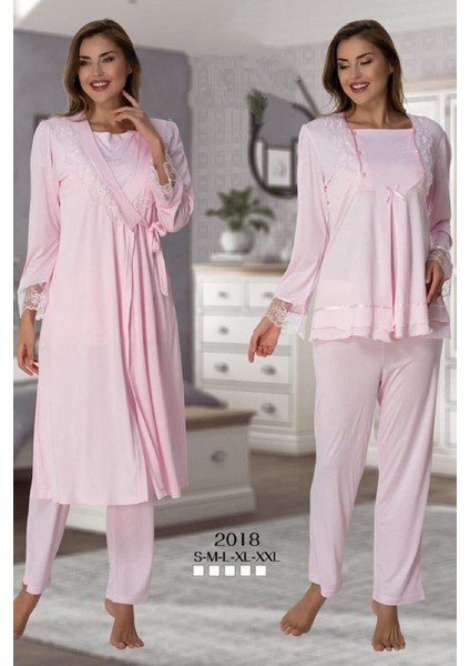 Kadın Pembe Emzirme Özellikli Sabahlıklı Lohusa Hamile Pijama Takımı 2018
