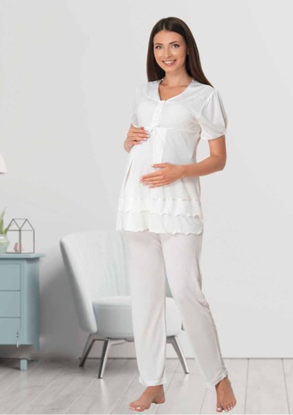 Kadın Lohusa Hamile Ekru Pijama Takımı 8022