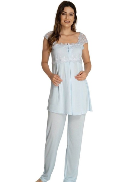 Kadın Mavi Kısa Kollu Lohusa Hamile Pijama Takımı 2303