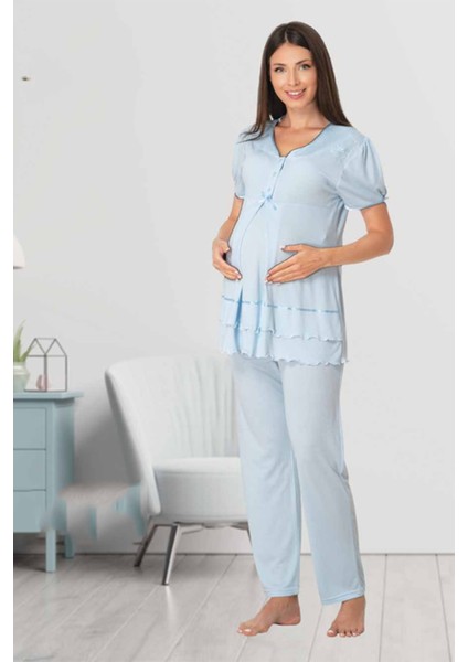 Kadın Lohusa Hamile Mavi Pijama Takımı 8022