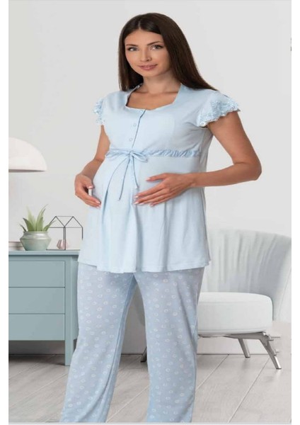 Kadın Mavi Desenli Lohusa Hamile Pijama Takımı 6012