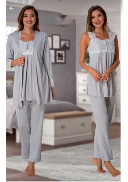 Kadın Gri Hamile Lohusa Sabahlıklı Pijama Takımı 2301