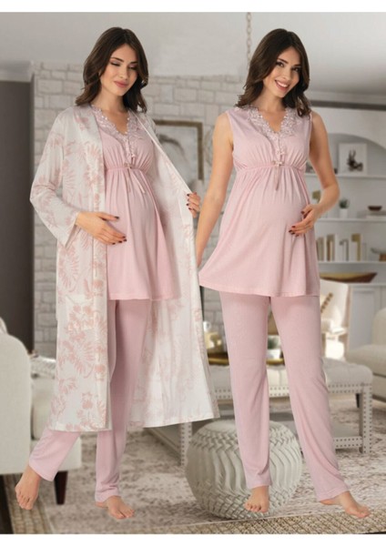 Kadın Pembe Lohusa Hamile Sabahlıklı Pijama Takımı 8034