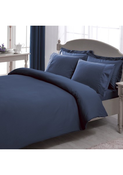 Lacivert Stripe Pamuk Saten King Size Nev.tak.