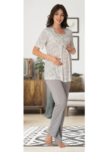 Kadın Gri Lohusa Hamile Pijama Takımı 8012