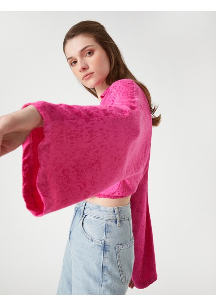 Crop Bluz Anvelop Gömlek Yaka Uzun Kollu