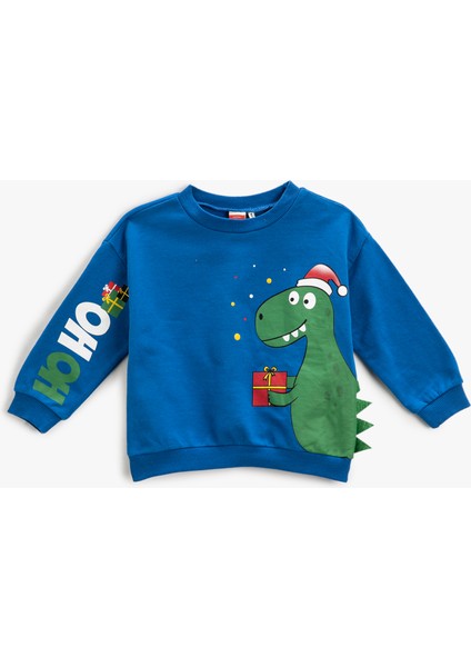 Yılbaşı Temalı Dinozor Baskılı Sweatshirt Bisiklet Yaka Uzun Kollu