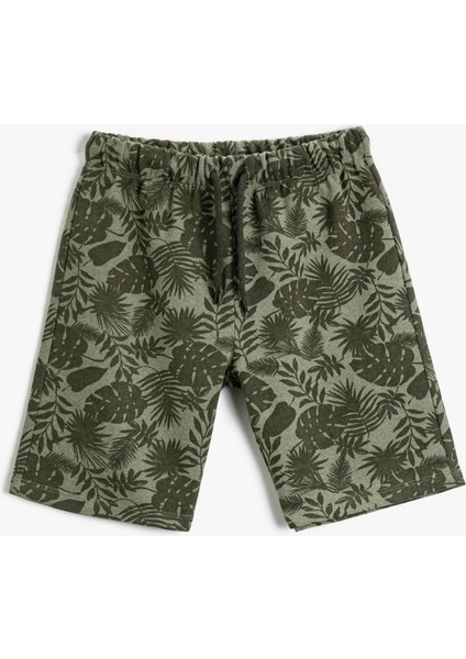Palmiye Desenli Şort Diz Üstü Beli Bağlamalı