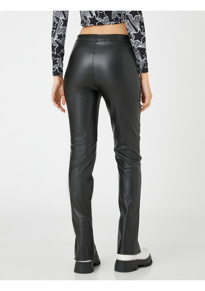 Deri Görünümlü Tayt Paçaları Yırtmaç Detaylı Nervürlü fırsatları