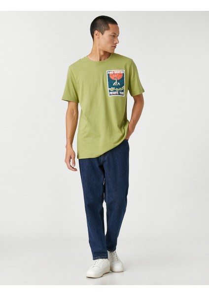 Basic Tişört Uzay Baskılı Bisiklet Yaka Kısa Kollu Pamuklu