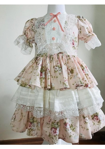 Vintage Pembe Katlı Kız Çocuk Elbisesi modelleri