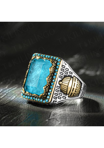 925 Ayar Gümüş Cami Motifli Paraiba Taşlı Erkek Yüzük