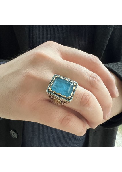 925 Ayar Gümüş Cami Motifli Paraiba Taşlı Erkek Yüzük modelleri