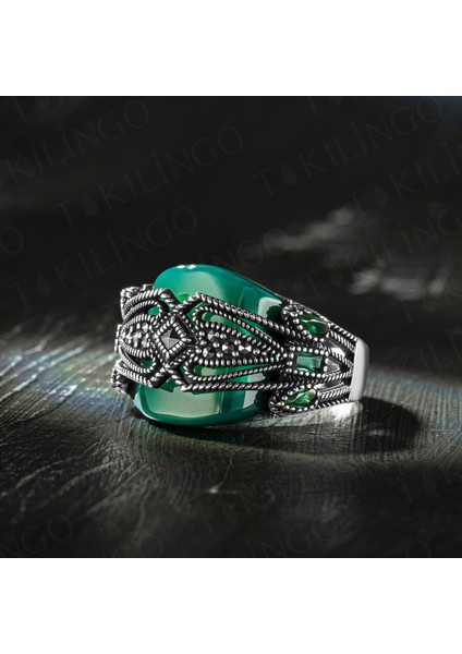 925 Ayar Gümüş Markazit Taşlı Yeşil Akik Erkek Yüzük