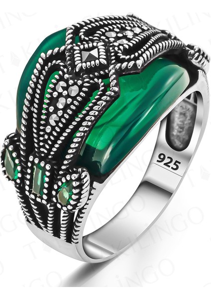 925 Ayar Gümüş Markazit Taşlı Yeşil Akik Erkek Yüzük fiyatları
