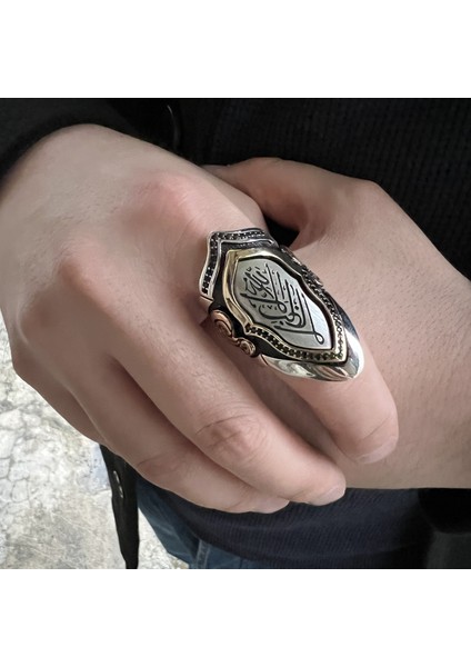 925 Ayar Gümüş Zirkon Taşlı La Galiba Illallah Yazılı Ayarlanabilir Erkek Yüzük fırsatları