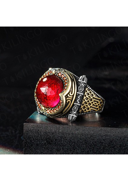 925 Ayar Gümüş Kubbe Tasarım Kırmızı Zirkon Taşlı Erkek Yüzük