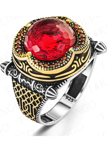 925 Ayar Gümüş Kubbe Tasarım Kırmızı Zirkon Taşlı Erkek Yüzük fiyatları