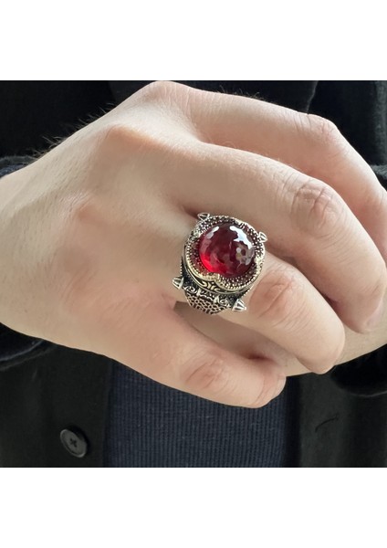 925 Ayar Gümüş Kubbe Tasarım Kırmızı Zirkon Taşlı Erkek Yüzük modelleri