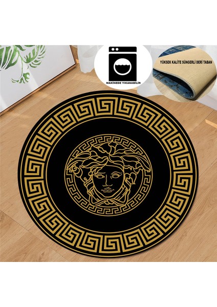 Medusa Motif Gold Yuvarlak Versace Halı Süngerli Yüzey- Deri Taban