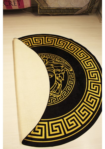 Medusa Motif Gold Yuvarlak Versace Halı Süngerli Yüzey- Deri Taban indirimleri