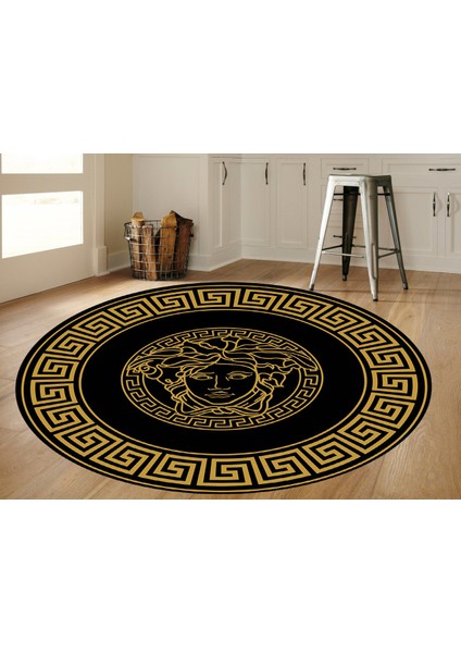 Medusa Motif Gold Yuvarlak Versace Halı Süngerli Yüzey- Deri Taban modelleri
