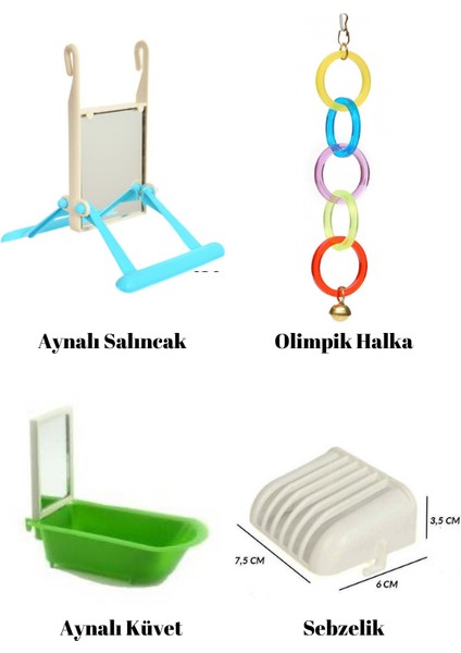 Purecanpati Kuş Oyuncak Aksesuar Set(Aynalı Salıncak,aynalı Küvet,sebzelik,olimpik Halka)