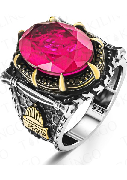 925 Ayar Gümüş Mescidi Aksa Motifli Kırmızı Paraiba Taşlı Erkek Yüzük fiyatları