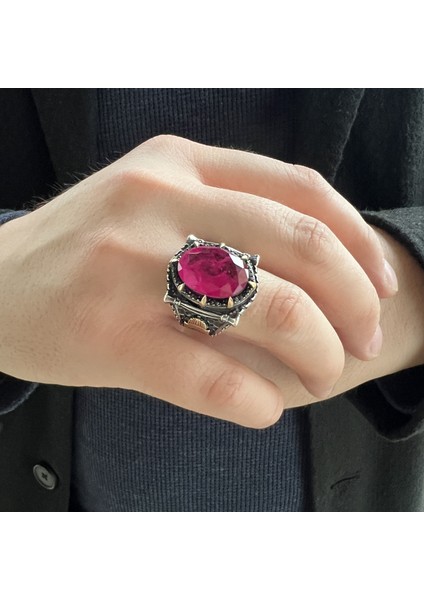 925 Ayar Gümüş Mescidi Aksa Motifli Kırmızı Paraiba Taşlı Erkek Yüzük modelleri