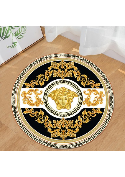 Medusa Motif Gold Varak Yuvarlak Versace Halı Süngerli Yüzey- Deri Taban