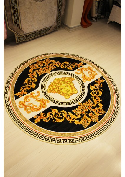 Medusa Motif Gold Varak Yuvarlak Versace Halı Süngerli Yüzey- Deri Taban fırsatları