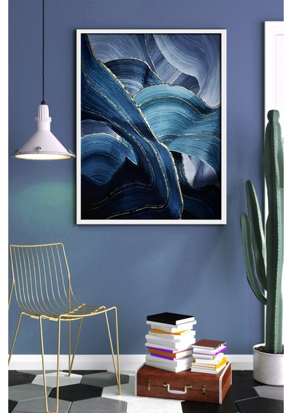 Beyaz Çerçeveli Tablo Modern Sanatsal Dekorasyon Ev Dekoru Tekli Çerçeve Abstract Mavi ÖZC--417
