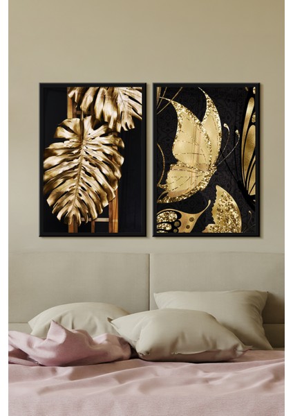 Çerçeveli Tablo Modern Sanatsal Dekorasyon Ev Dekoru Ikili Çerçeve Golden Glitter Bitki ÖZC--419