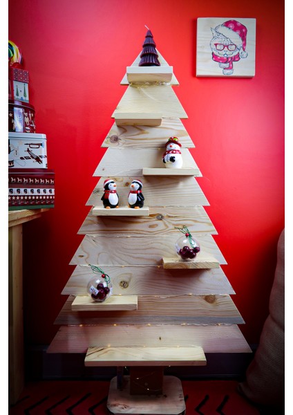 Yılbaşı Ağacı Ahşap Çam Ağacı Naturel Ahşap Dekoratif Ağaç Işık Hediyeli Ahşap Ağaç