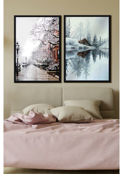 Siyah Çerçeveli Tablo Modern Sanatsal Dekorasyon Ev Dekoru Ikili Çerçeve Kış Manzarası ÖZC--385