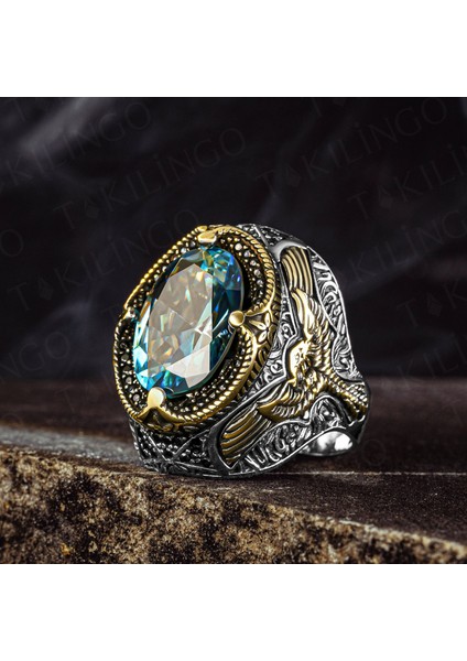 925 Ayar Gümüş Kartal Motifli Mavi Topaz Taşlı Erkek Yüzük