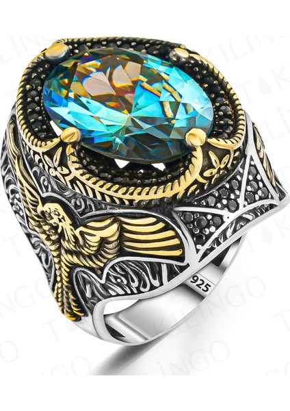 925 Ayar Gümüş Kartal Motifli Mavi Topaz Taşlı Erkek Yüzük fiyatları