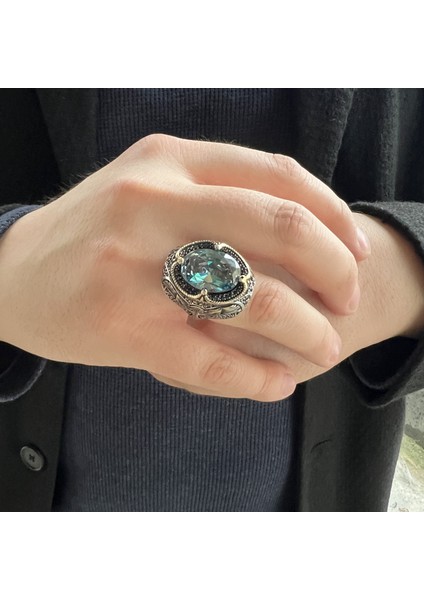 925 Ayar Gümüş Kartal Motifli Mavi Topaz Taşlı Erkek Yüzük modelleri
