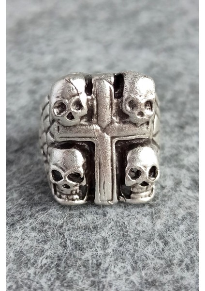 Kuru Kafalı Haç Şekilli Erkek & Kadın Yüzük Gümüş Kaplama Ayarlanabilir El Yapımı Yüzük