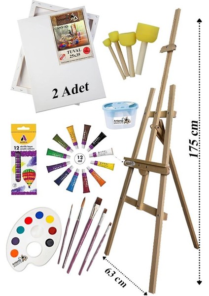 Akrilik Boya Resim Başlangıç Seti Adel 12 Renk Akrilik Boya Şövalye 2 Tuval 25X35 Fırça Spatula Şövale