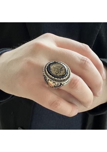 925 Ayar Gümüş Kehribar Taş Üzeri Elhamdülillah Yazılı Erkek Yüzük modelleri