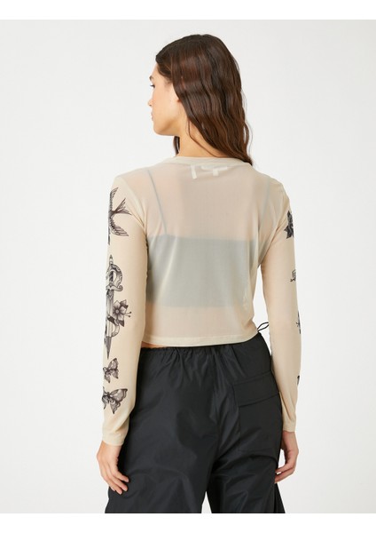 Crop Tişört Tül Baskılı Bisiklet Yaka Uzun Kollu fırsatları