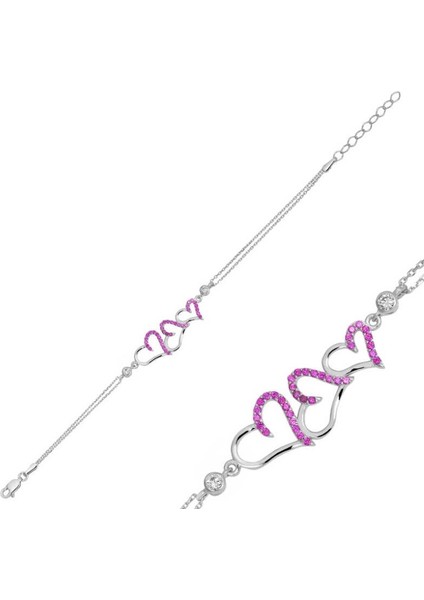 Kalpler Pembe Taş 925 Ayar Gümüş Bileklik