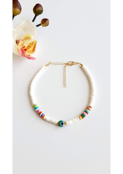 Beyaz Fimo Nazar Halhal Renkli Detaylarla Kadınlar İçin 20+5 cm