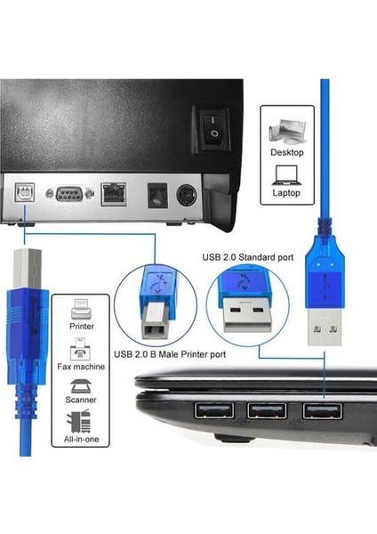 USB 2.0 Yazıcı Printer Kablosu Mavi Şeffaf 5 Metre