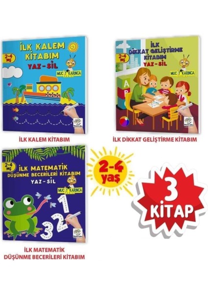 Yayınları 2-4 Yaş Mucit Karınca Yaz-Sil Kitaplar 1. Seri (3 Kitap 2 Kalem)