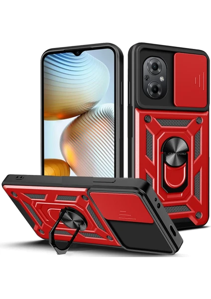 MTK Moveteck Xiaomi Poco M5 Uyumlu Kılıf Kamera Korumalı Pars Lens Sürgülü Yüzüklü Zırh Tank Yüzüklü Military Shockproof Armor Case