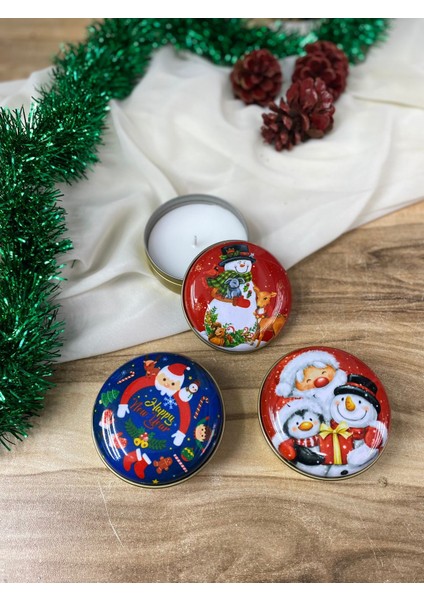 3 Lü Yılbaşı Motifli Metal Kutu Içerisinde Mum
