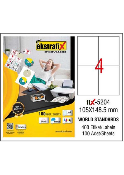 Ekstrafix Lazer Etiket 100 Yp 105X148.5 Laser-Copy-Inkjet FİX-5204